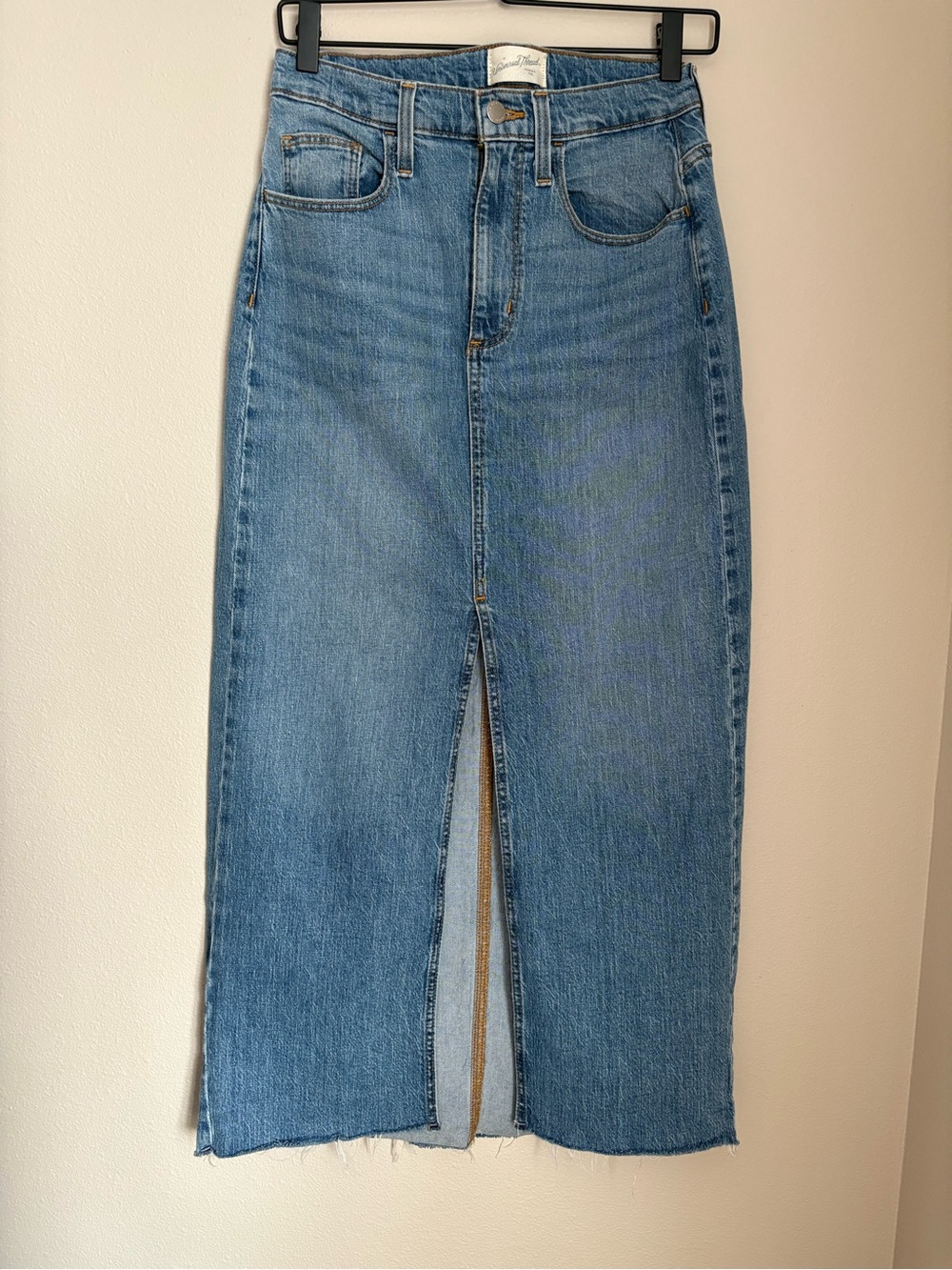 Universal Thread Blue Denim Straight Midi Skirt with Front Slit